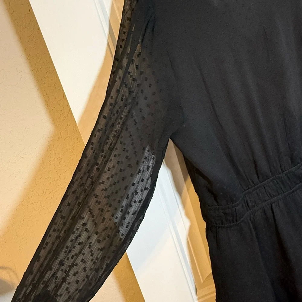 LOFT Black Swiss Dot Sheer Dress Size 14 Long Sleeve V-Neck Tiered Ruffle Hem - Picture 5 of 6